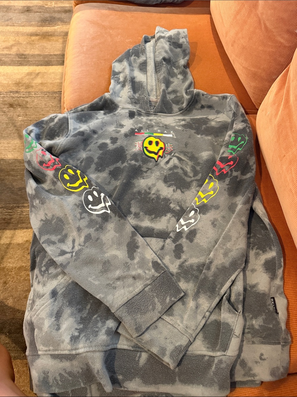 Brooklyn Cloth Gray Tie-Dye Hoodie with Multicolor Smiley Faces